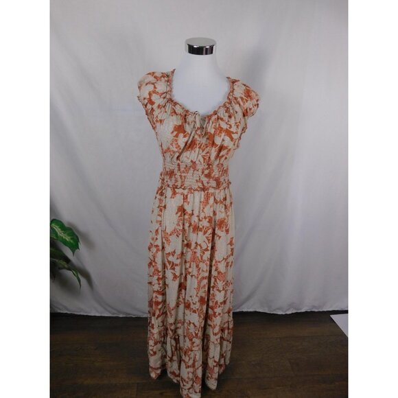 Old Navy Dress Womens Medium Orange Floral Maxi Boho Smocked Waist Cap Sleeve - Picture 1 of 12